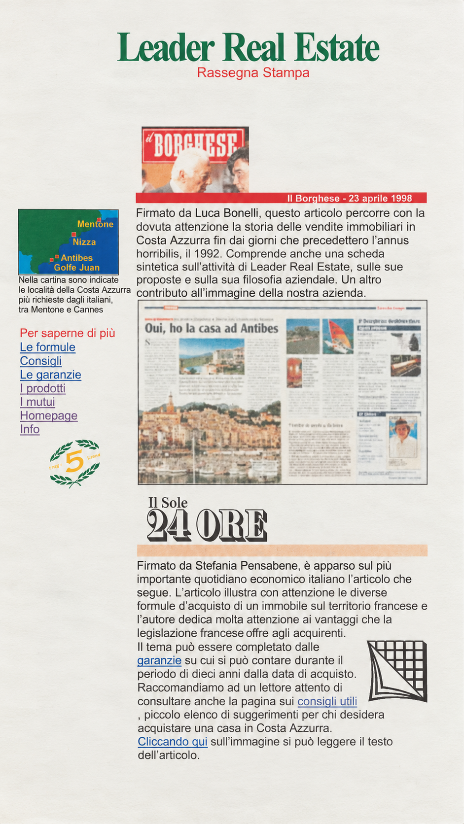 Restored photograph of a printed Leader Real Estate press-review web page, with its green wordmark and press clippings