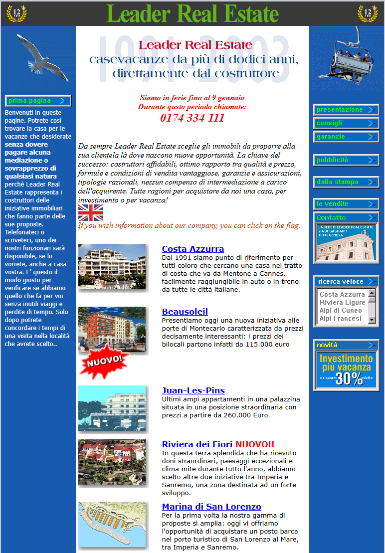 Archived Leader Real Estate website showing its 1991–2003 anniversary heading