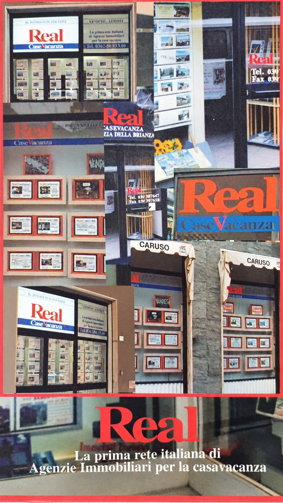 Digitally restored historical collage showing Real Casevacanza agency windows and signs